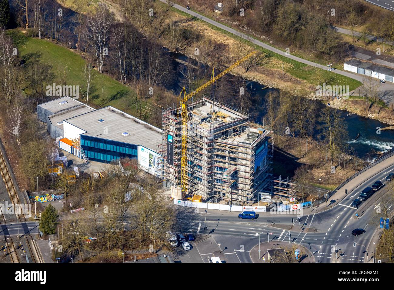 Aerial view, construction site and new extension Eglo Leuchten at Kleinbahnstraße in Neheim, Arnsberg, Sauerland, North Rhine-Westphalia, Germany, Con Stock Photo