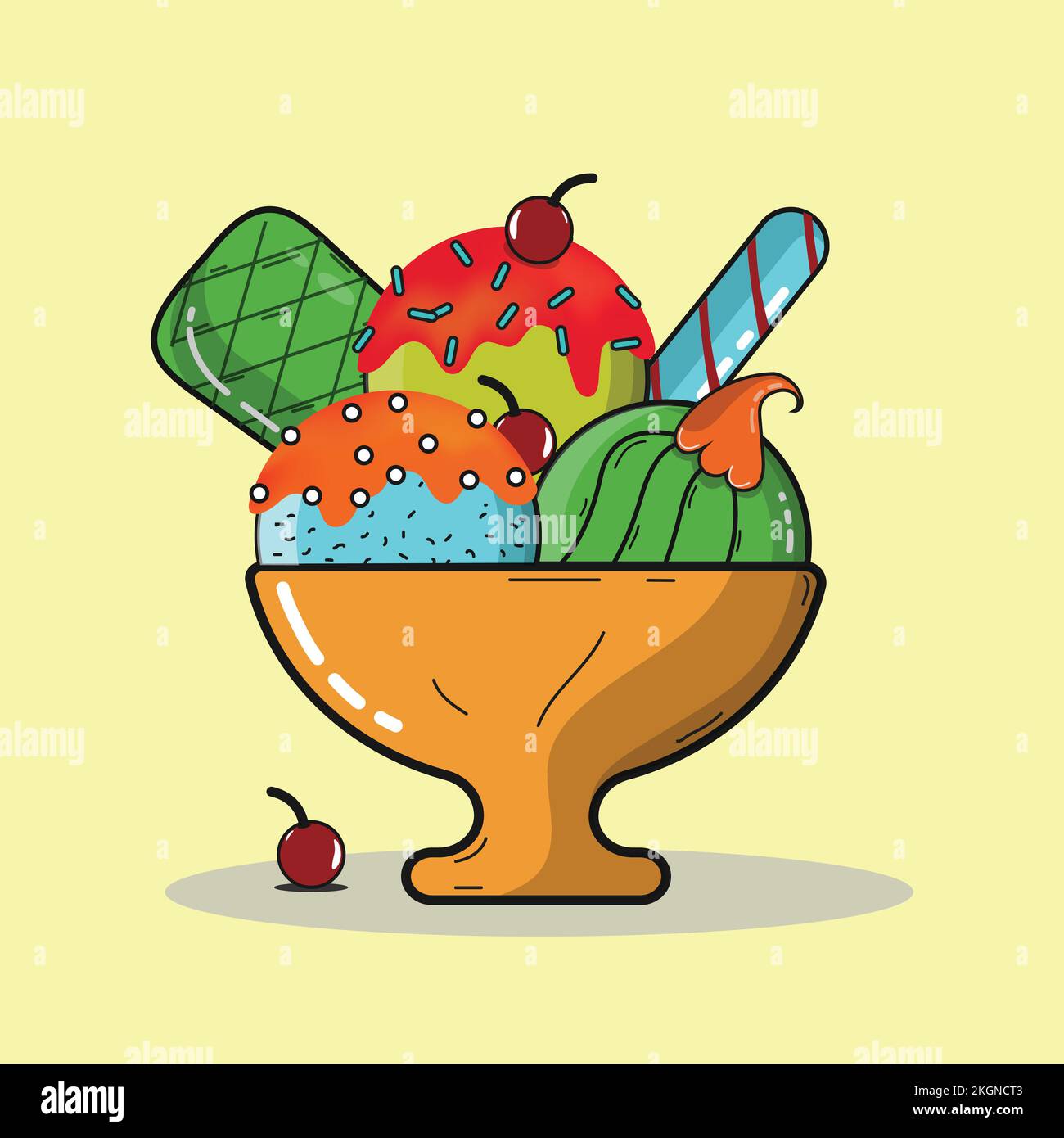 Ice Cream Cup With Ice Cream and Cherry in a yellow background, ice
