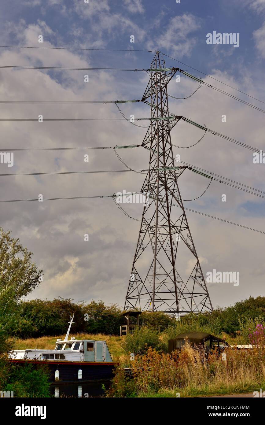 An electricity pylon beside the Forth and Clyde Canal at The Helix