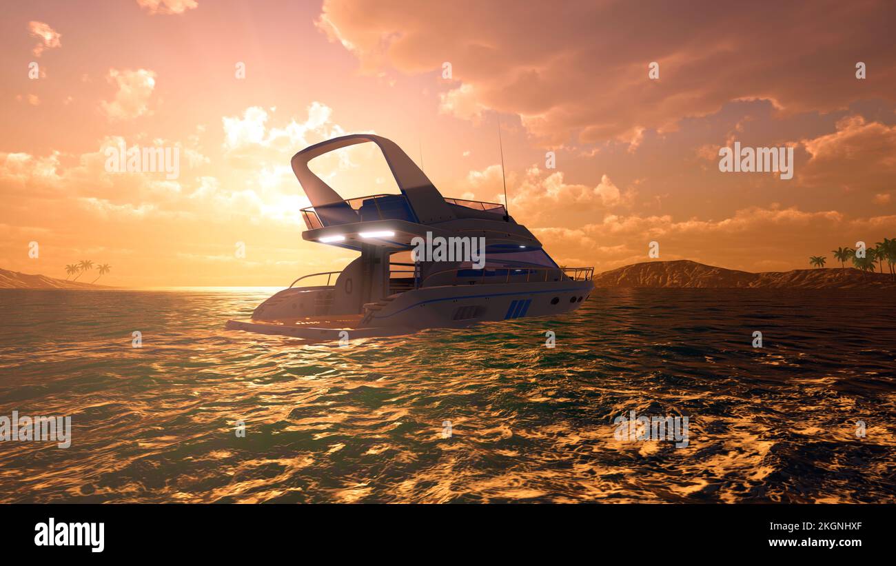 Luxury Motor Yacht on the ocean at sunset. Extremely detailed and realistic high resolution 3D render Stock Photo