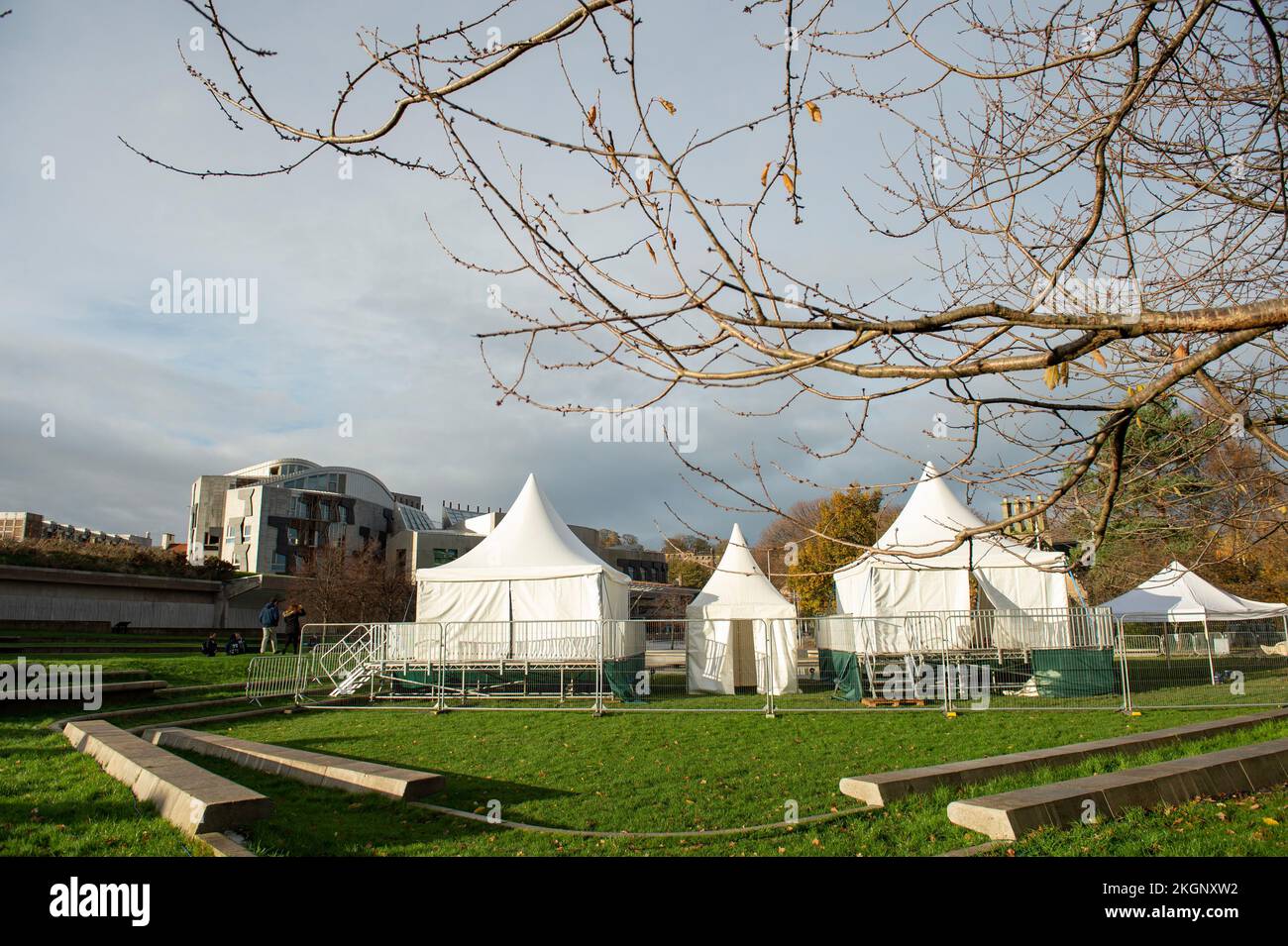 Edinburgh, Scotland, UK. 23rd Nov, 2022. PICTURED: On day that the Supreme Court ruling on the legality of the Scottish Parliament not having powers to call a second independence referendum, scenes from outside of the exterior of the Scottish Parliament with media tents and media interviews. Credit: Colin D Fisher Credit: Colin Fisher/Alamy Live News Stock Photo