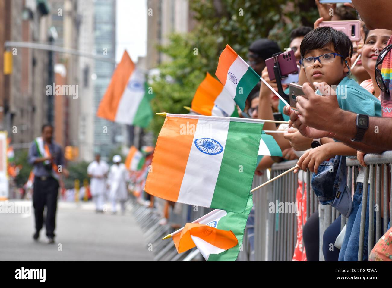 The People with Indian flags on the streets of New York celebrating the