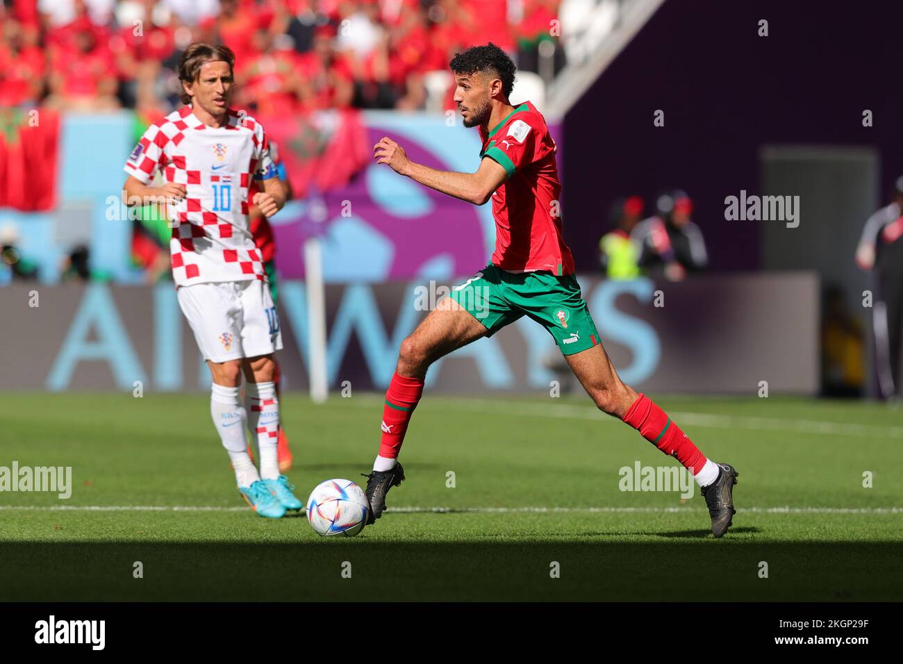 Al Khor, Qatar. 23rd Nov, 2022. Noussair Mazraoui of Morocco dribbles the ball during the FIFA World Cup Qatar 2022 Group F match between Morocco and Croatia at Al Bayt Stadium, Al Khor, Qatar on 23 November 2022. Photo by Peter Dovgan. Editorial use only, license required for commercial use. No use in betting, games or a single club/league/player publications. Credit: UK Sports Pics Ltd/Alamy Live News Stock Photo