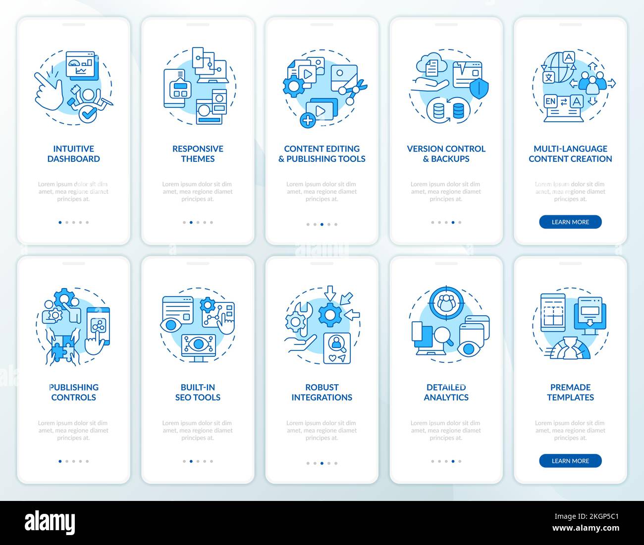 CMS platform blue onboarding mobile app screen set Stock Vector Image ...