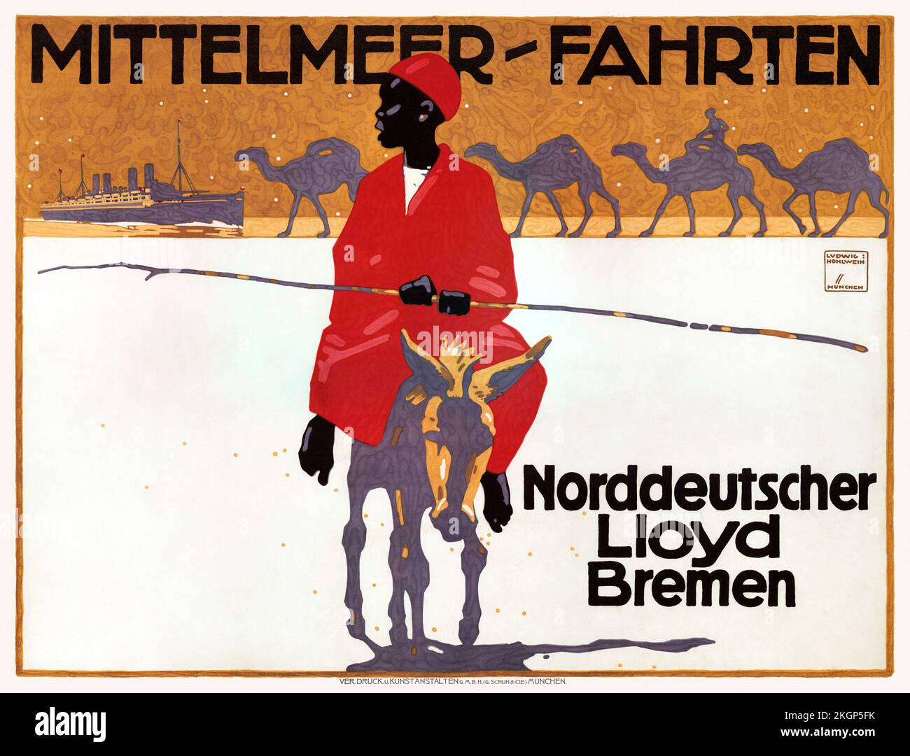 Mittelmeer-Fahrten. Norddeutscher Lloyd Bremen by Ludwig Hohlwein (1874-1949). Poster published in 1913 in Germany. Stock Photo