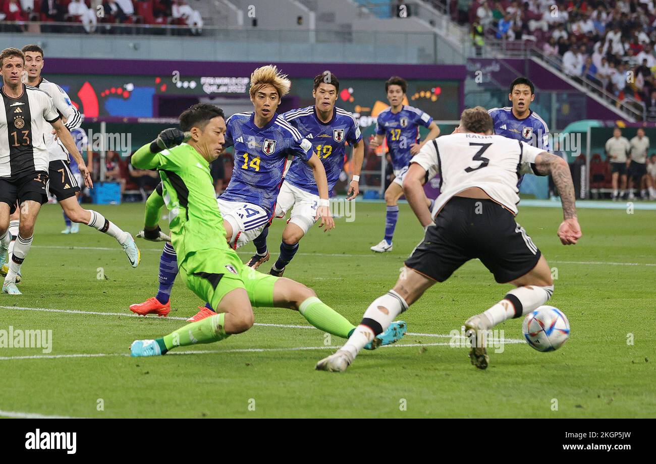 Doha, Katar. 23rd Nov, 2022. firo: 11/23/2022, Football, Soccer, FIFA WORLD CUP 2022 QATAR, World Cup 2022 Qatar, World Cup 2022 Qatar, Group stage, Group E, Game 10 Germany - Japan Penalty, David Raum, is, fouled, by, goalwart, Shuichi Gonda, Foul, to, penalty Credit: dpa/Alamy Live News Stock Photo