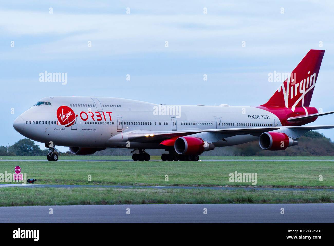 A historic moment as the Virgin Orbit, Cosmic Girl, a 747-400 converted to a rocket launch platform taxis to a halt on the runway at the Spaceport Cor Stock Photo