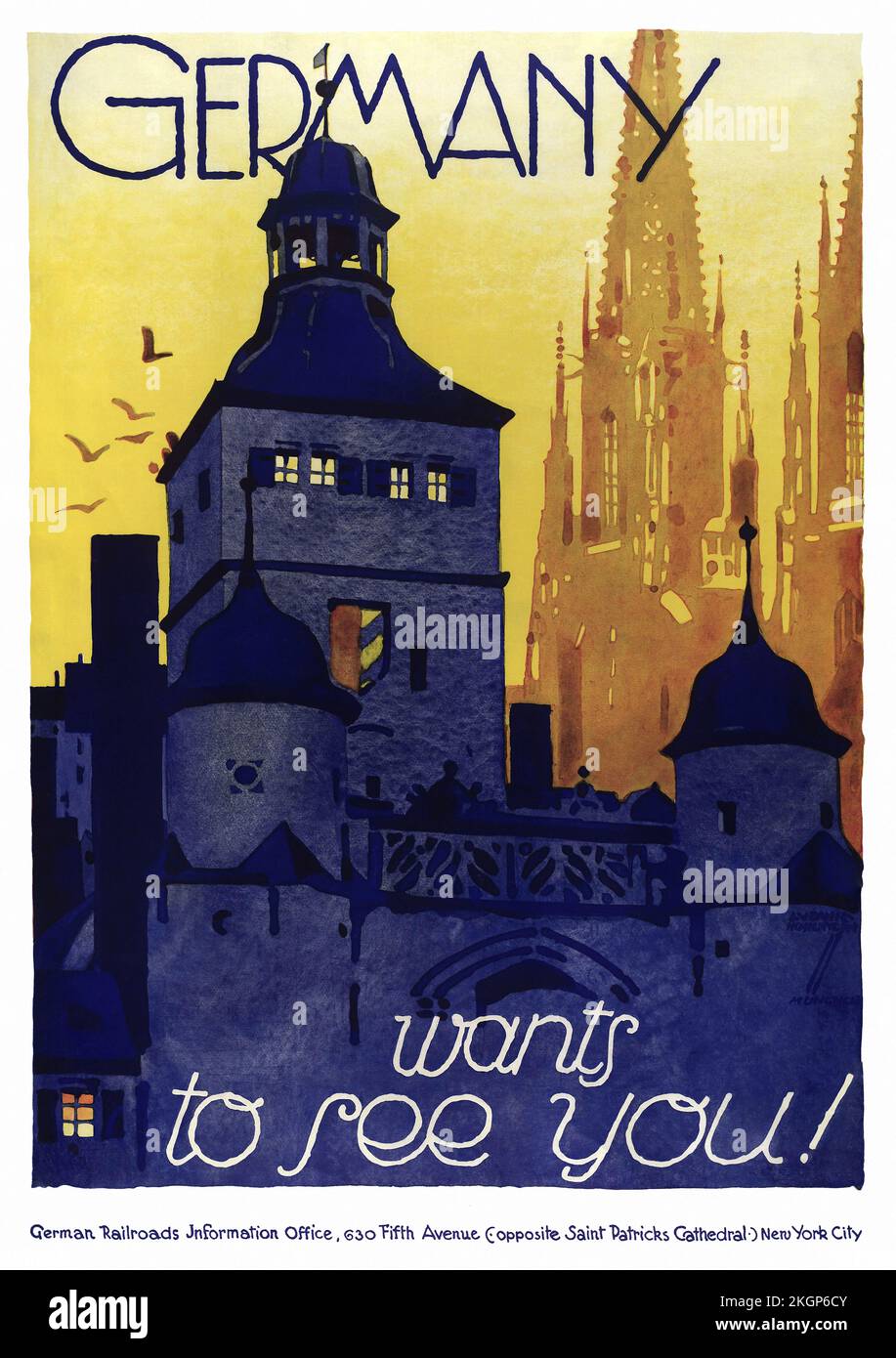 Germany wants to see you by Ludwig Hohlwein (1874-1949). Poster published in the 1920s. Stock Photo