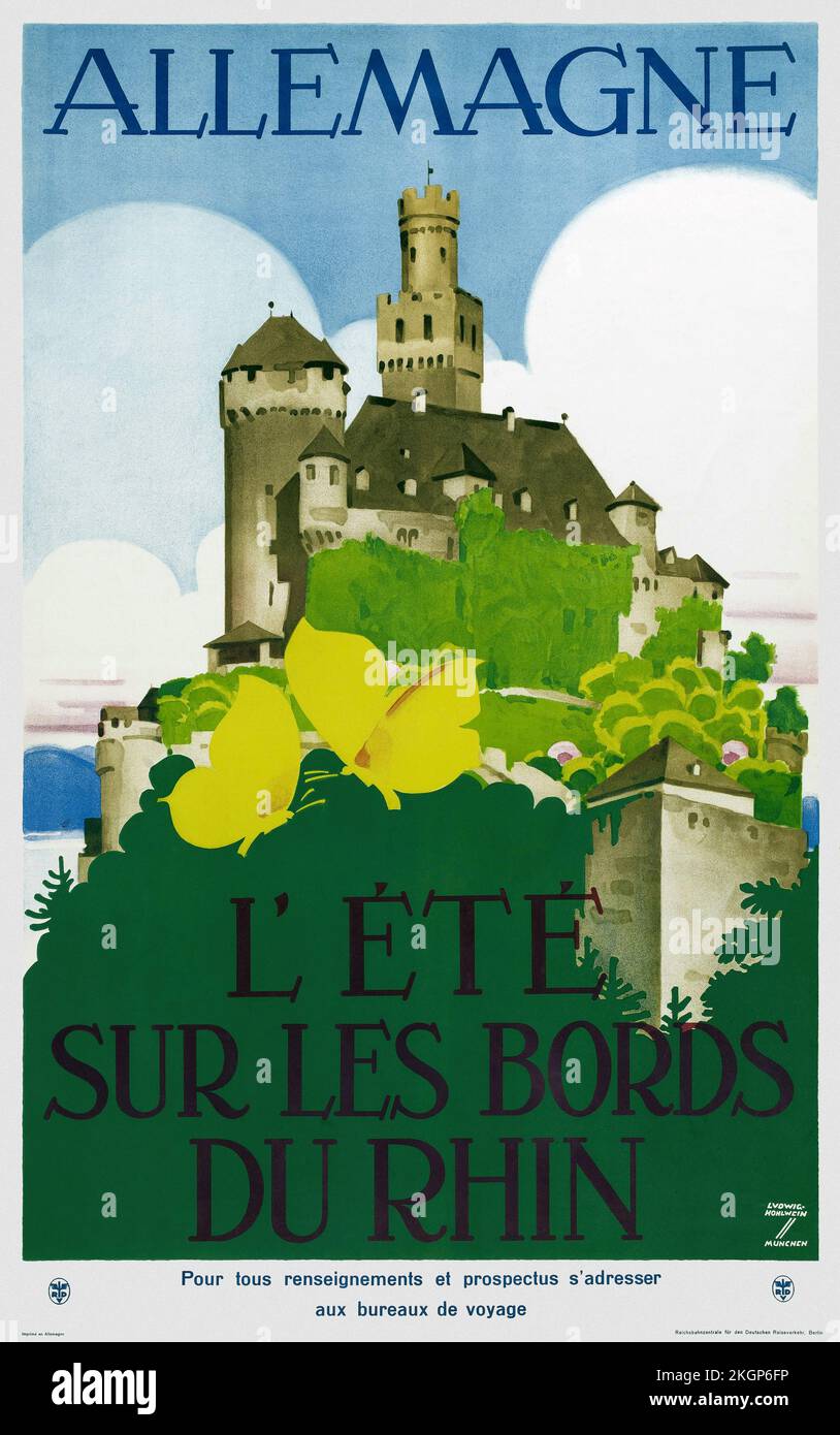 Allemagne. L'Eté sur les bords du Rhin by Ludwig Hohlwein (1874-1949). Poster published in 1935 in Germany. Stock Photo