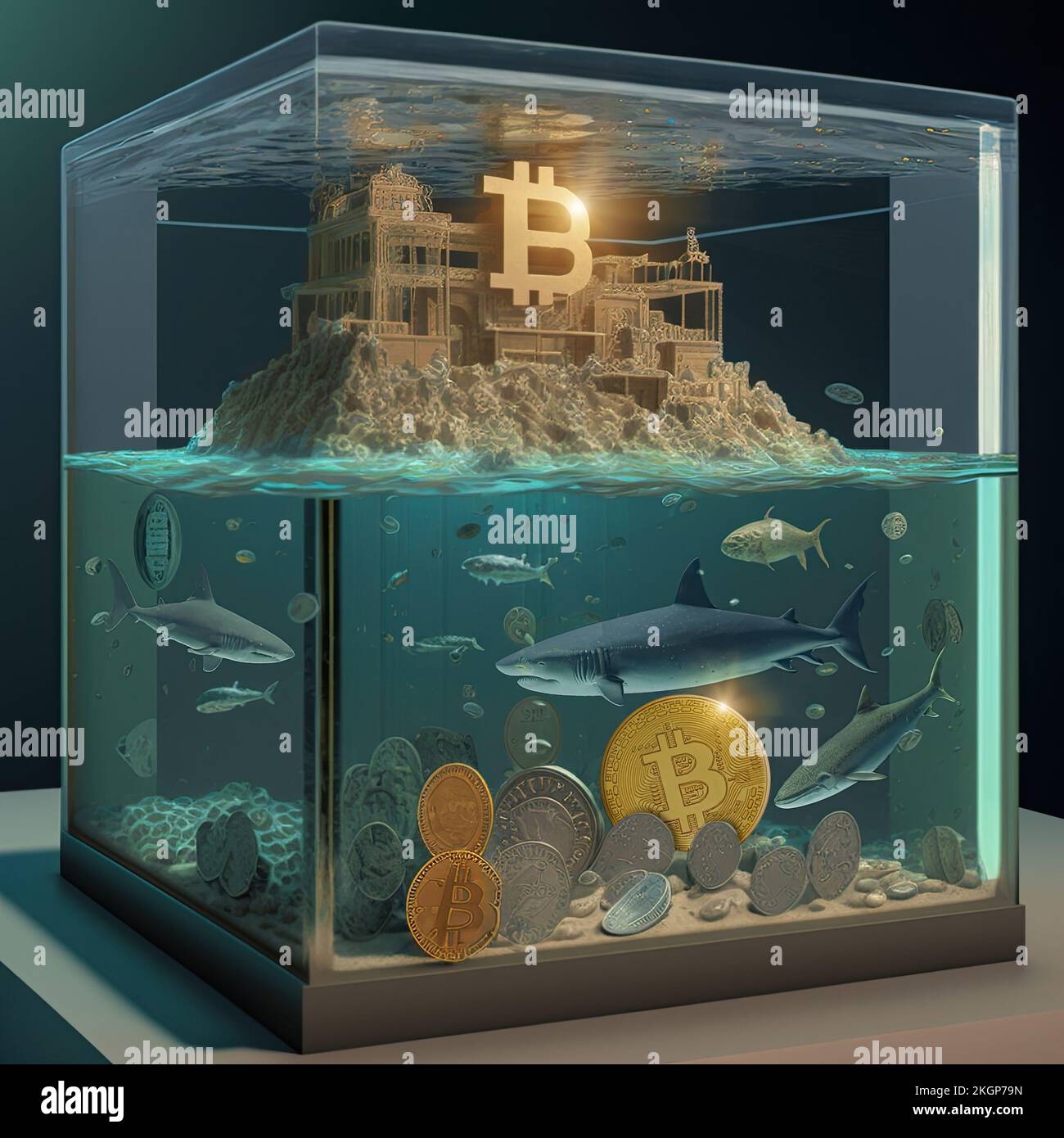 A glass pool filled with sharks and bitcoin tokens of a cryptobank