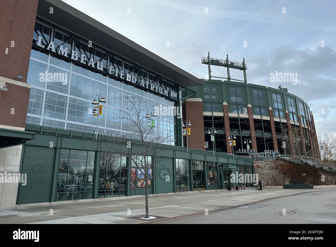 A general overall view of the Lambeau Field atrium and Bob Harlan Plaza