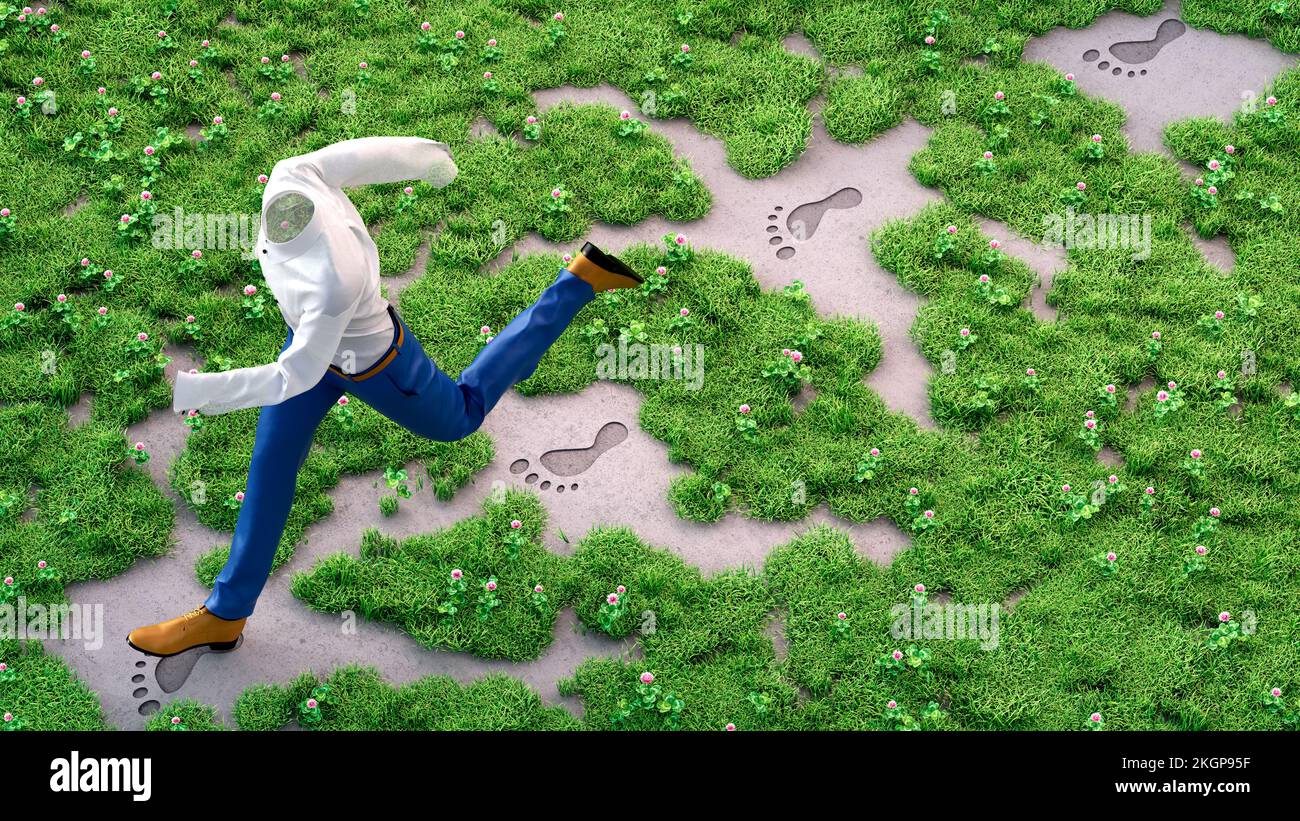 Invisible person causing environmental damage by running across grassy terrain Stock Photo