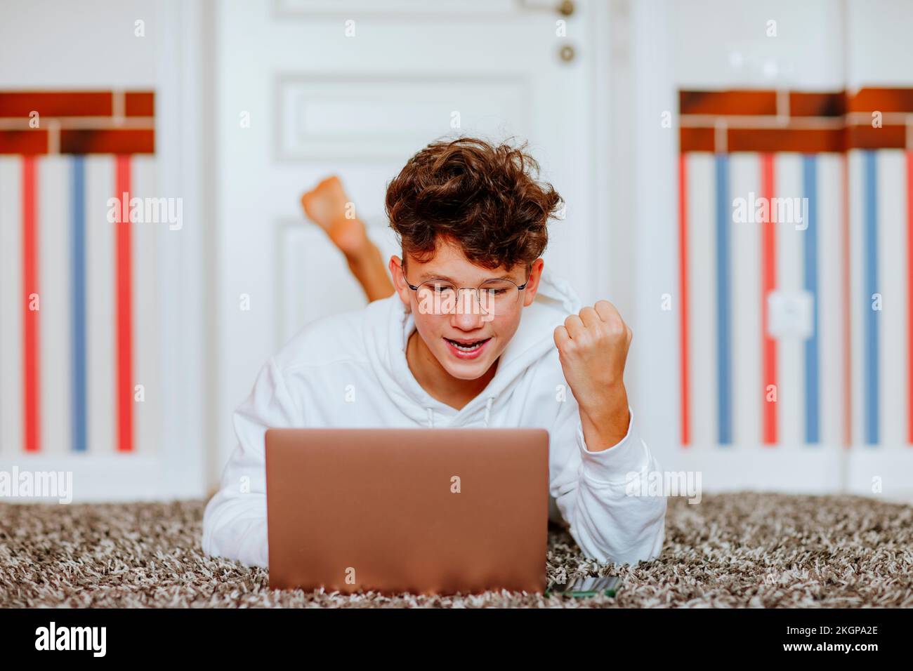 Happy boy gesturing fist looking at laptop Stock Photo