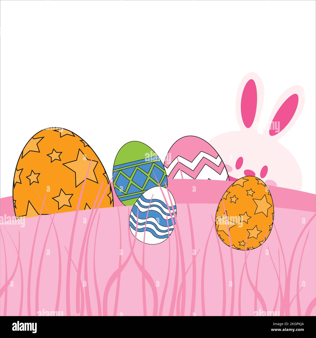 Easter Bunny illustration banner with Easter eggs,  Easter Bunny hiding behind the Easter eggs Stock Vector