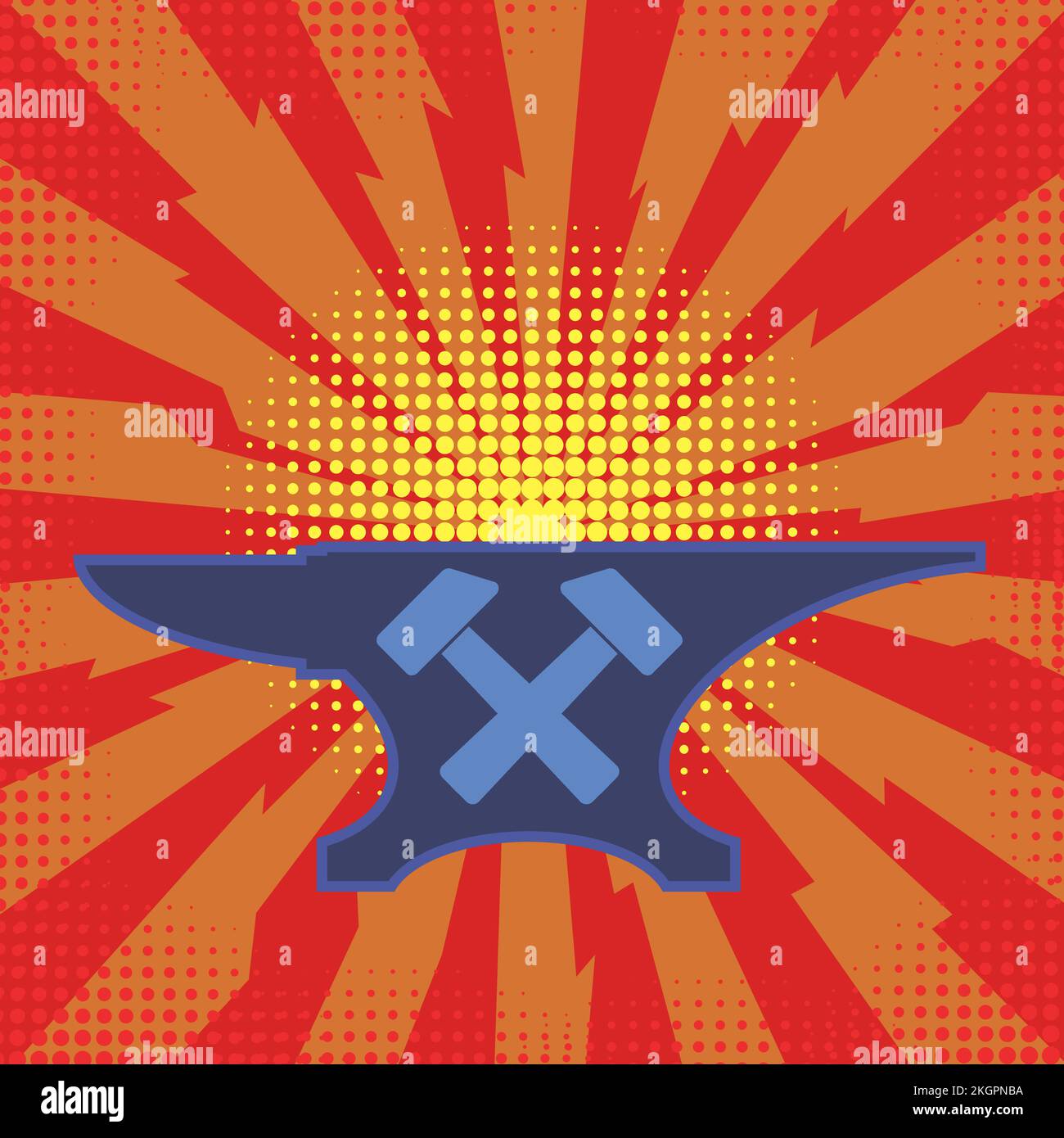 Anvil and Hammer Icons on Red Dotted Background. Industrial Logo Design