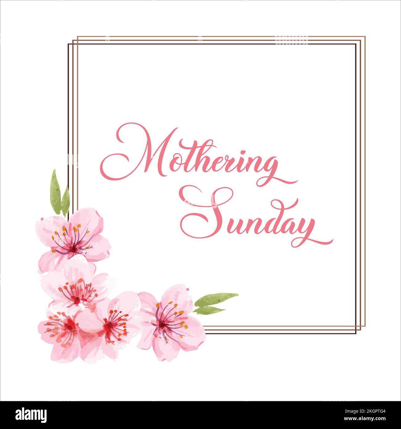 Mothering Sunday banner with cherry blossoms. Pink flowers over blue painted stripes on white. Mothering Sunday greeting card template, rectangular fr Stock Vector