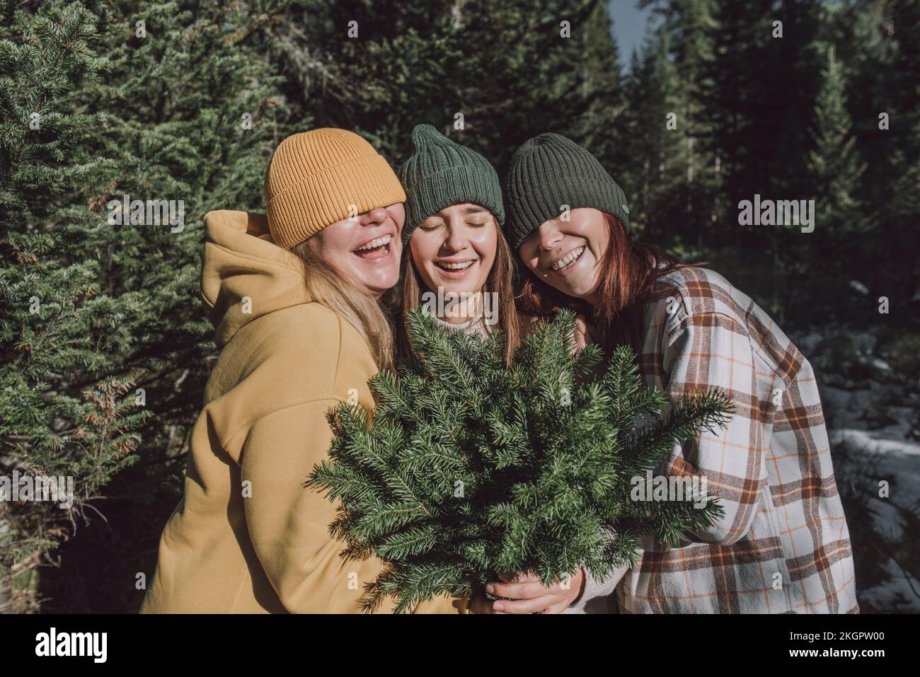 Women laughing and covering eyes with knit hats in forest Stock Photo ...