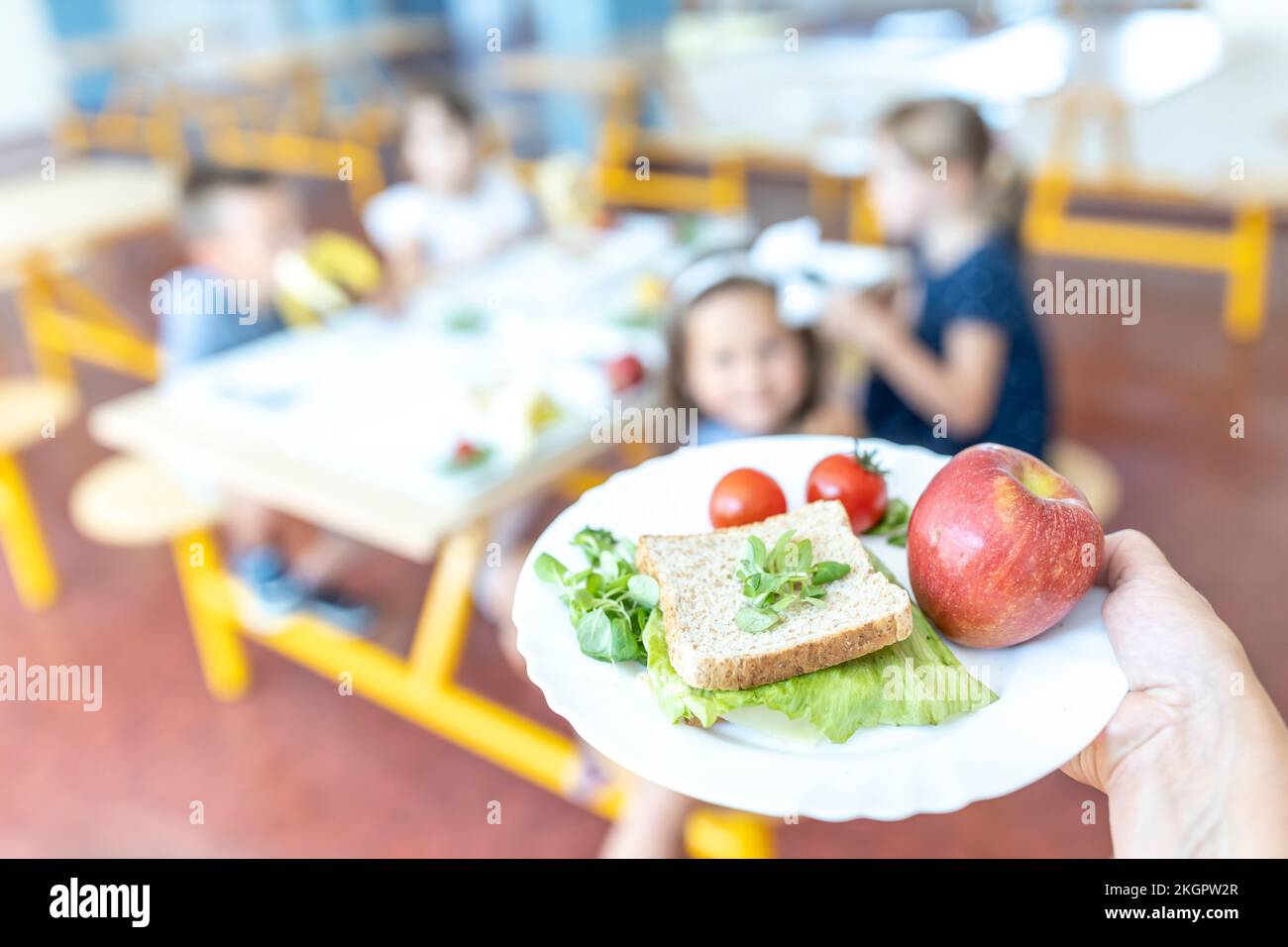 Hand of woman holding healthy meal on plate at lunch break Stock Photo