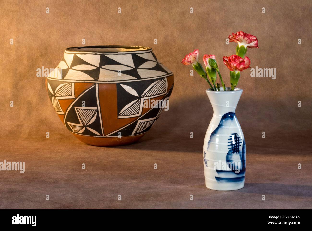 A vase of carnations and an Acoma Indian Pueblo pottery on a dark background. Stock Photo