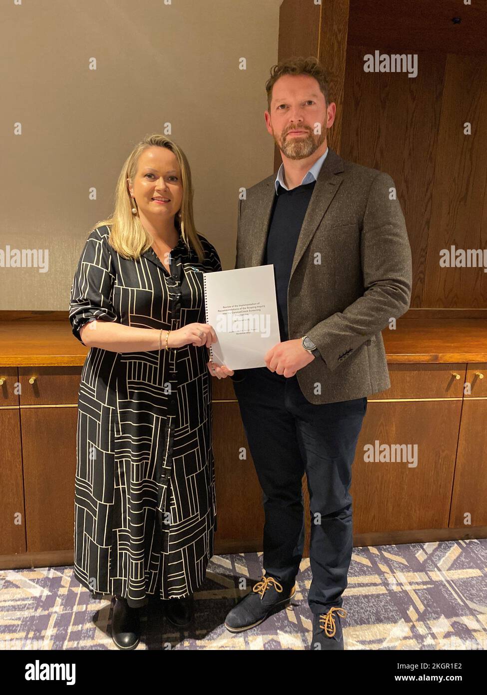 Campaigners and co-founders of the 221+ advocacy group, Lorraine Walsh and Stephen Teap, at the publication of Dr Gabriel Scally's review of the implementation of his 2018 recommendations of the Cervical Check screening programme. Picture date: Wednesday November 23, 2022. Stock Photo
