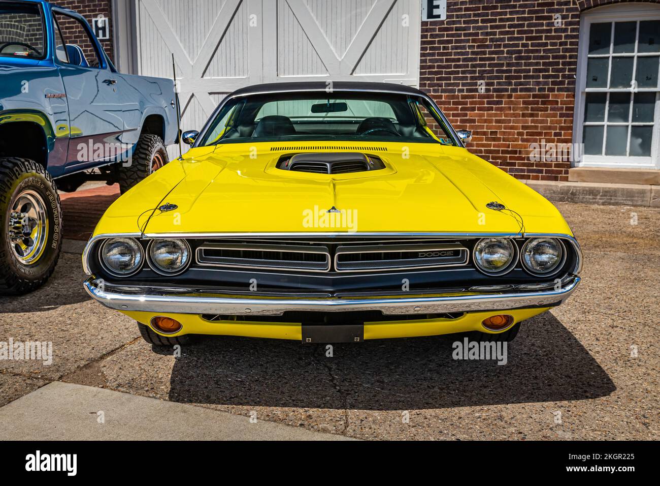 Des Moines, IA July 03, 2022 High perspective front view of a 1971 Dodge Challenger RT
