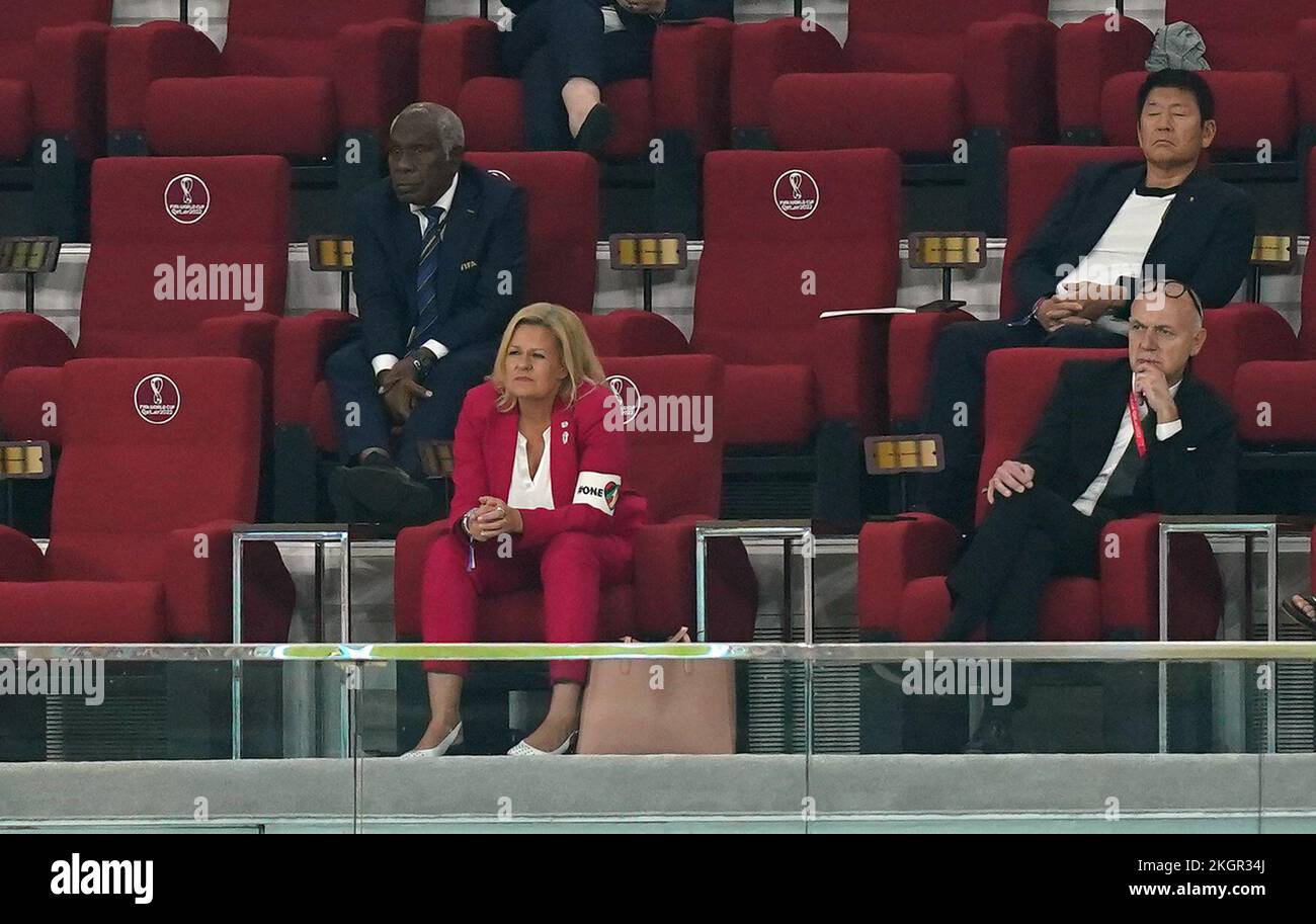 German Football Federation (DFB) President Bernd Neuendorf (right) sits alongside German Interior Minister Nancy Faeser (left) who is wearing the One Love armband as they watch from the stands, during the FIFA World Cup Group E match at the Khalifa International Stadium, Doha. Picture date: Wednesday November 23, 2022. Stock Photo