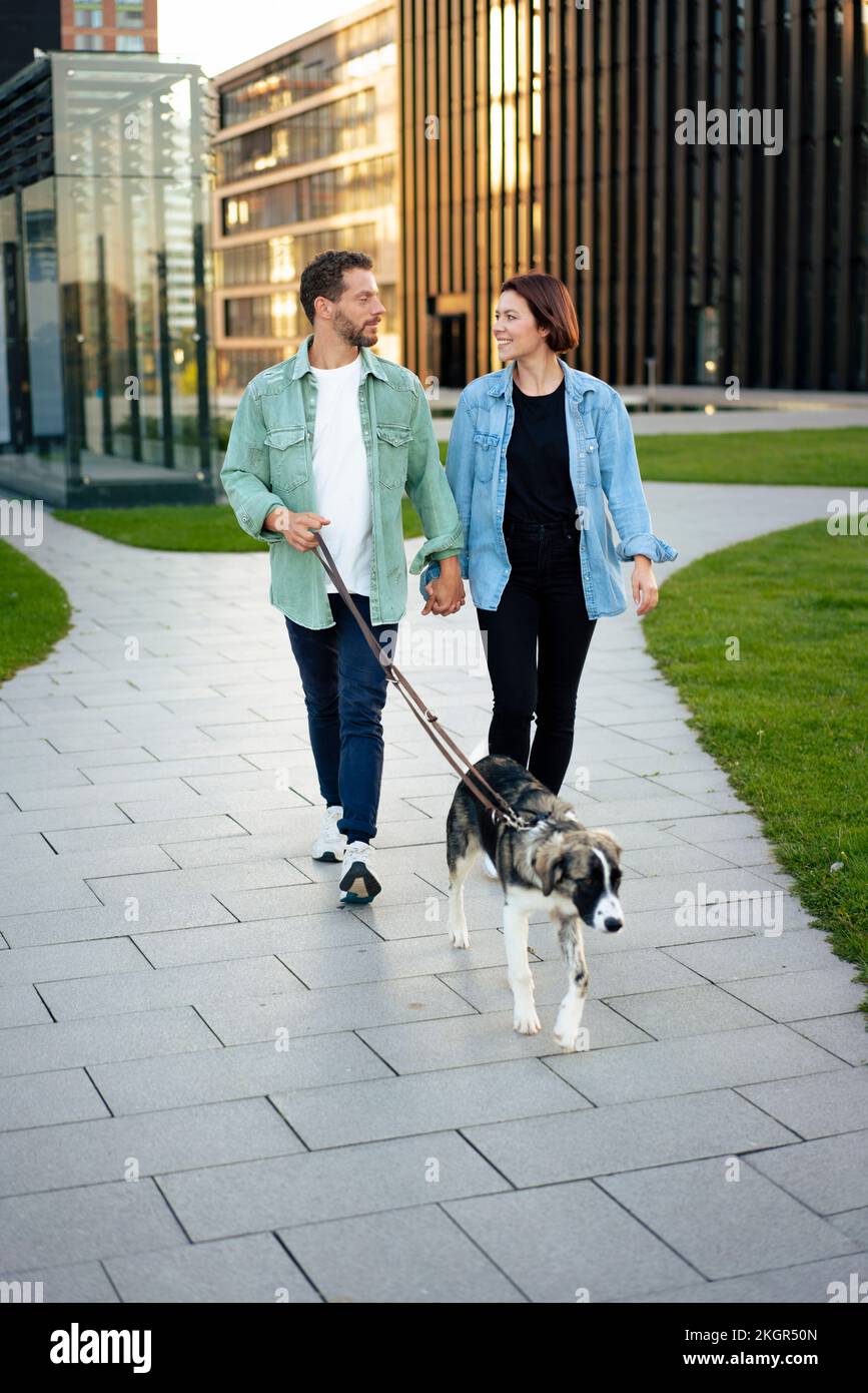 Couple holding hands walking with dog on footpath Stock Photo