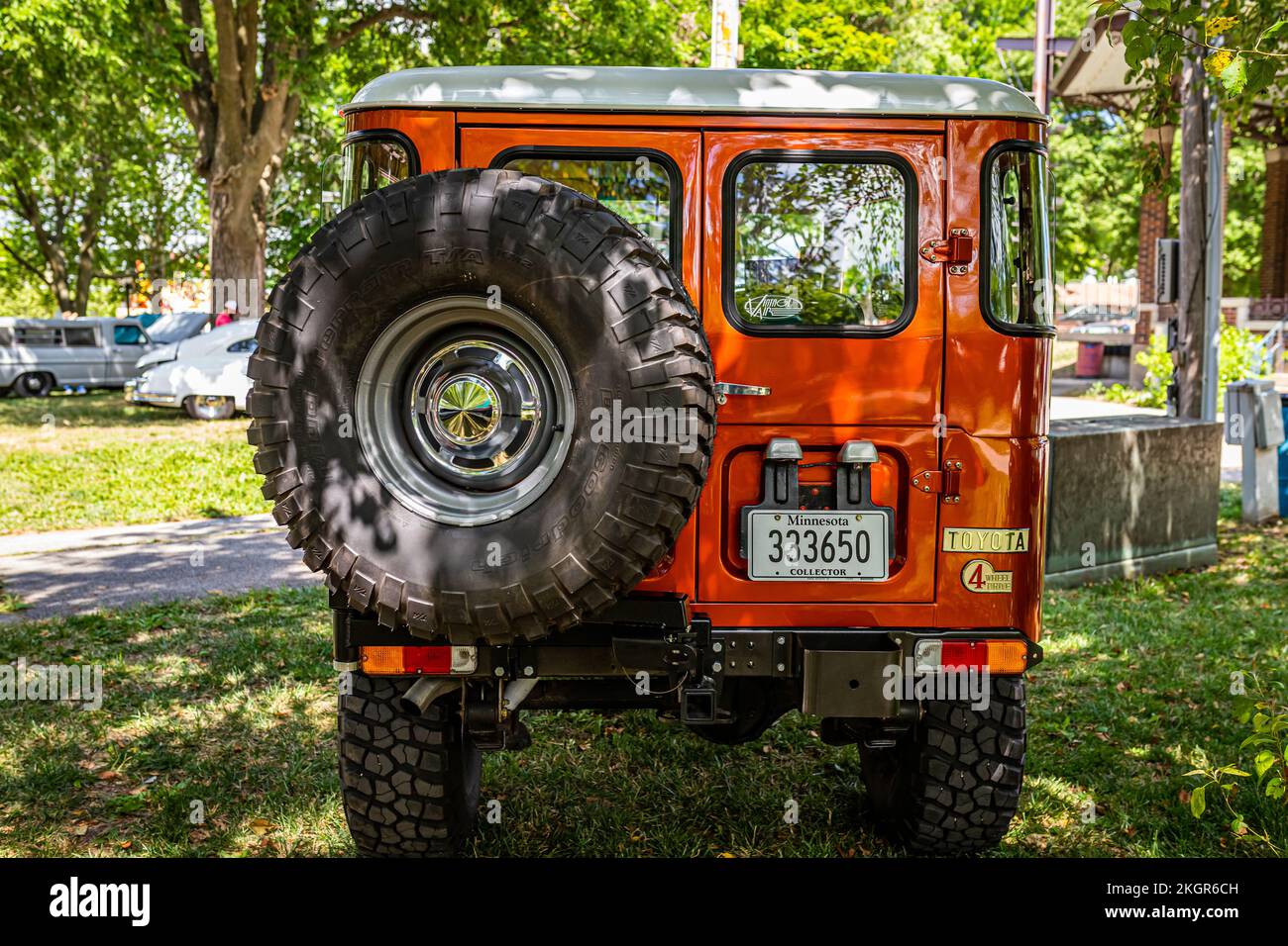 Des Moines, IA - July 03, 2022: High perspective rear view of a 1976 Toyota Land Cruiser FJ40 at a local car show. Stock Photo