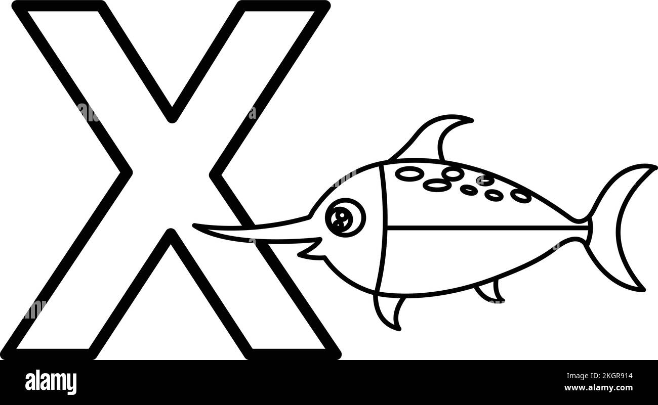 An editable cartoon alphabet poster with the letter X and Xiphius