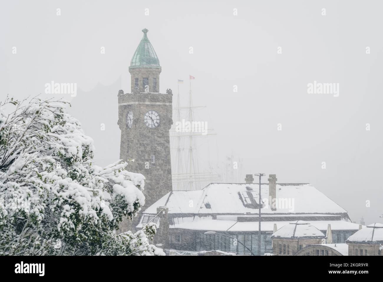 Germany, Hamburg, Saint Pauli Piers during snowfall Stock Photo