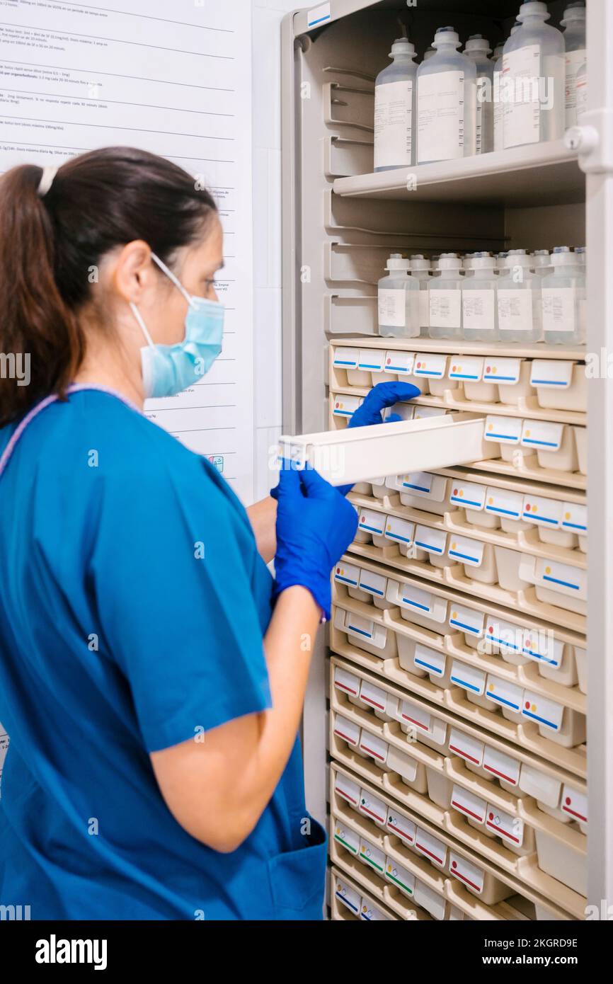 Nurse taking inventory of medical supplies at hospital Stock Photo Alamy