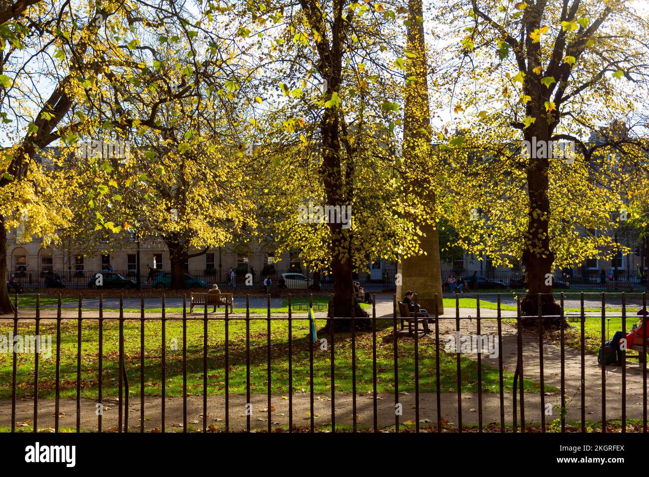 Queen Square in autumn or fall, Bath, Somerset, England, UK Stock Photo