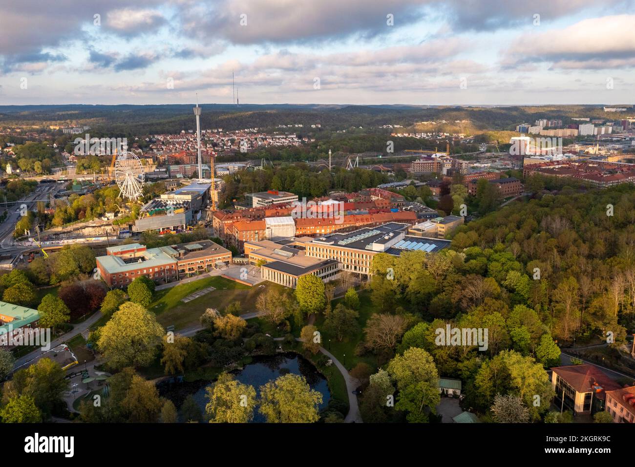 Sweden, Vastra Gotaland County, Gothenburg, Aerial view of Johanneberg district with Liseberg amusement park in background Stock Photo