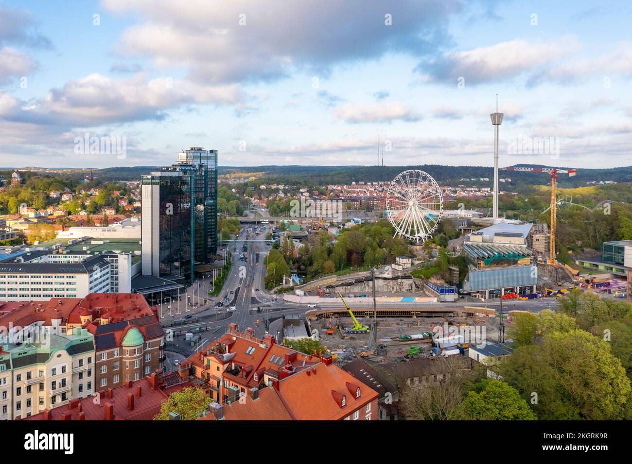 Sweden, Vastra Gotaland County, Gothenburg, View of Gothia Towers, Korsvagen square and Liseberg amusement park Stock Photo