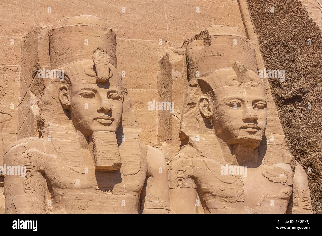 Egypt, Aswan Governorate, Giant statues at entrance of Great Temple of