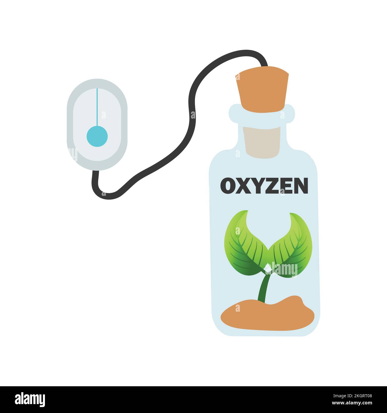 Getting oxygen from green plant inside of a glass bottle with a oxygen mask, green plant inside a glass bottle vector illustration with text effect. Stock Vector