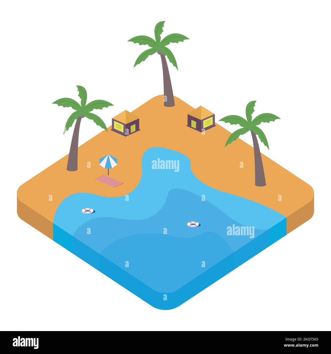 2.5D sandy beach vector design with lifebuoy and resort concept, Sandy beach vector with 2.5D shaped landscape, Beach with a lifebuoy in the summertim Stock Vector