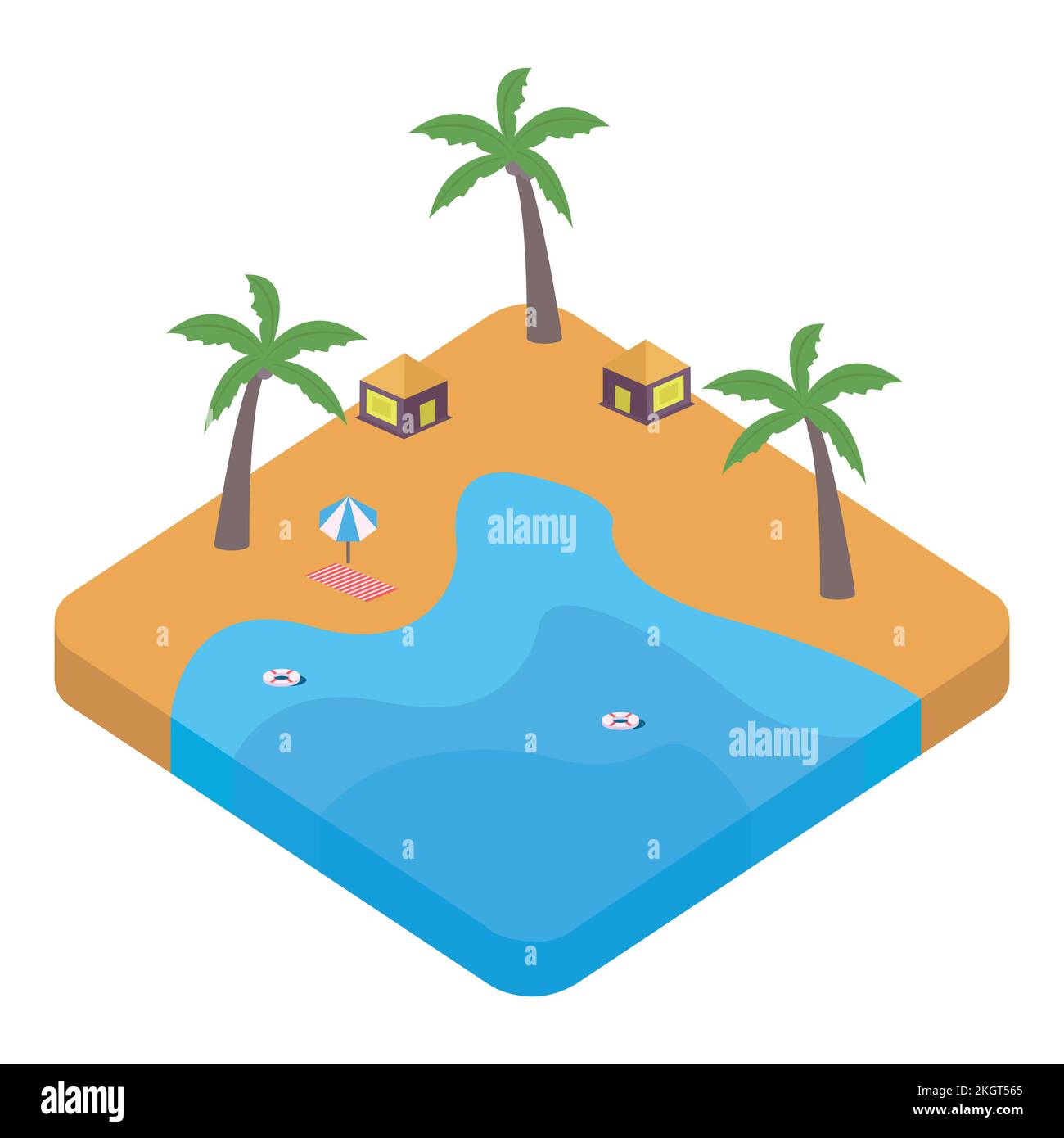 2.5D sandy beach vector design with lifebuoy and resort concept, Sandy