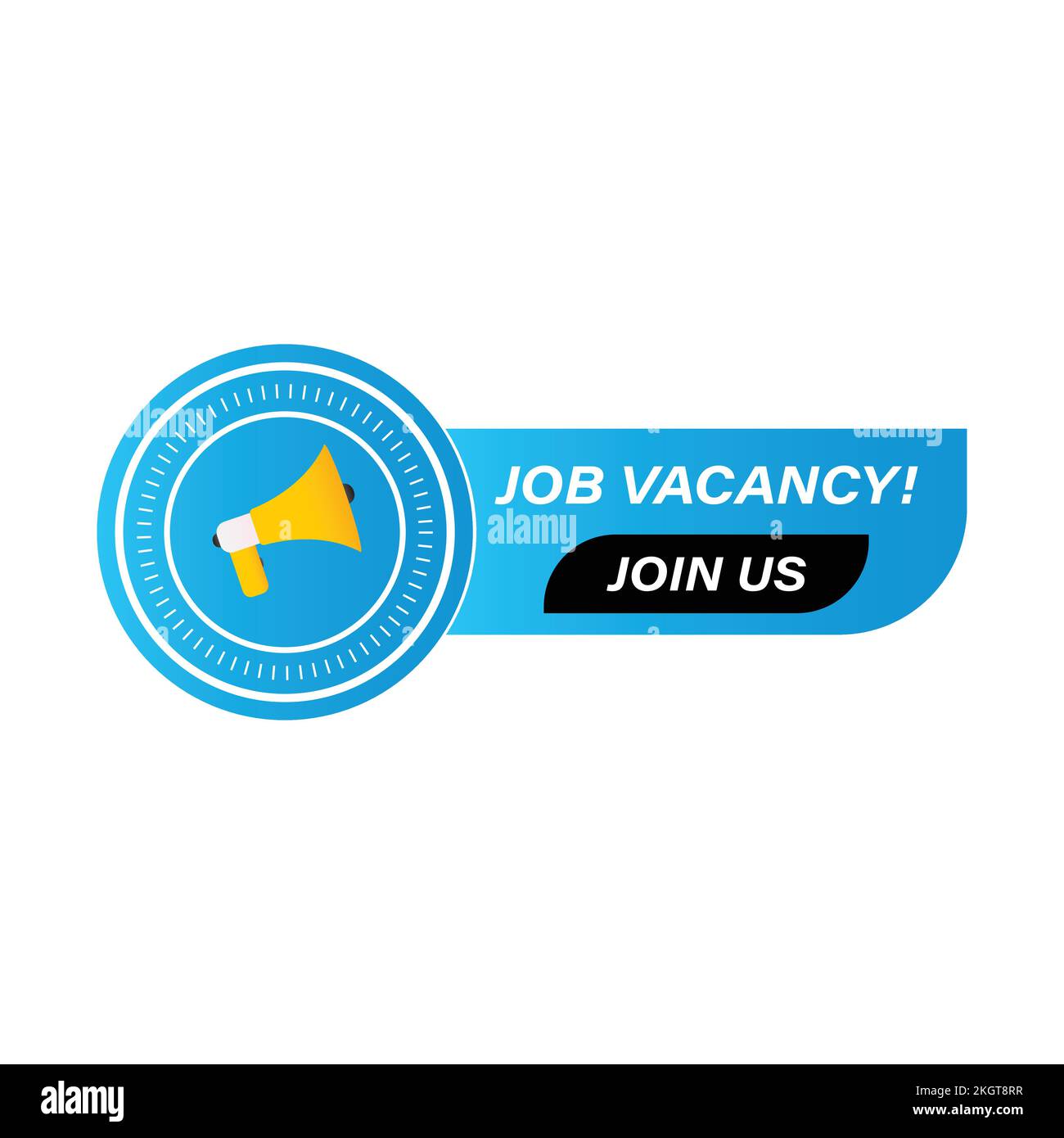 Job vacancy vector with blue color shade, hiring concept with mike speaker, join us inside the black shape, job vacancy hiring concept font design. Stock Vector