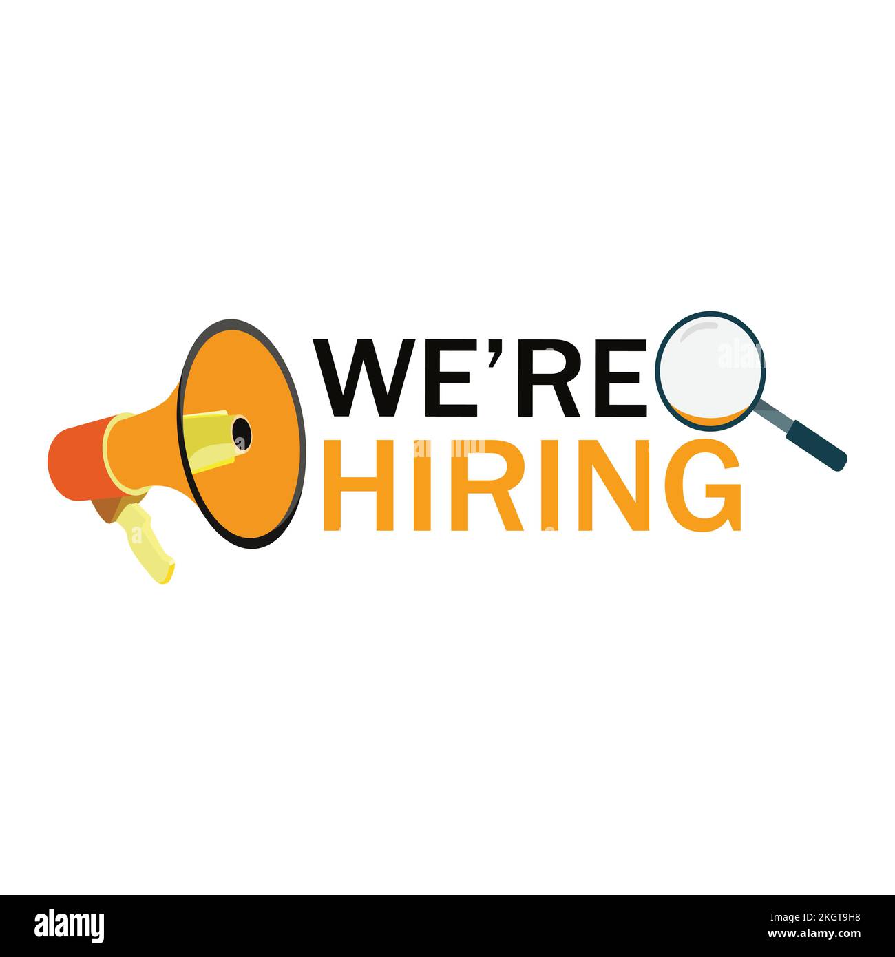We are hiring vector design with black font design on white background with mike speaker and magnifying glass design. Business recruiting concept with Stock Vector