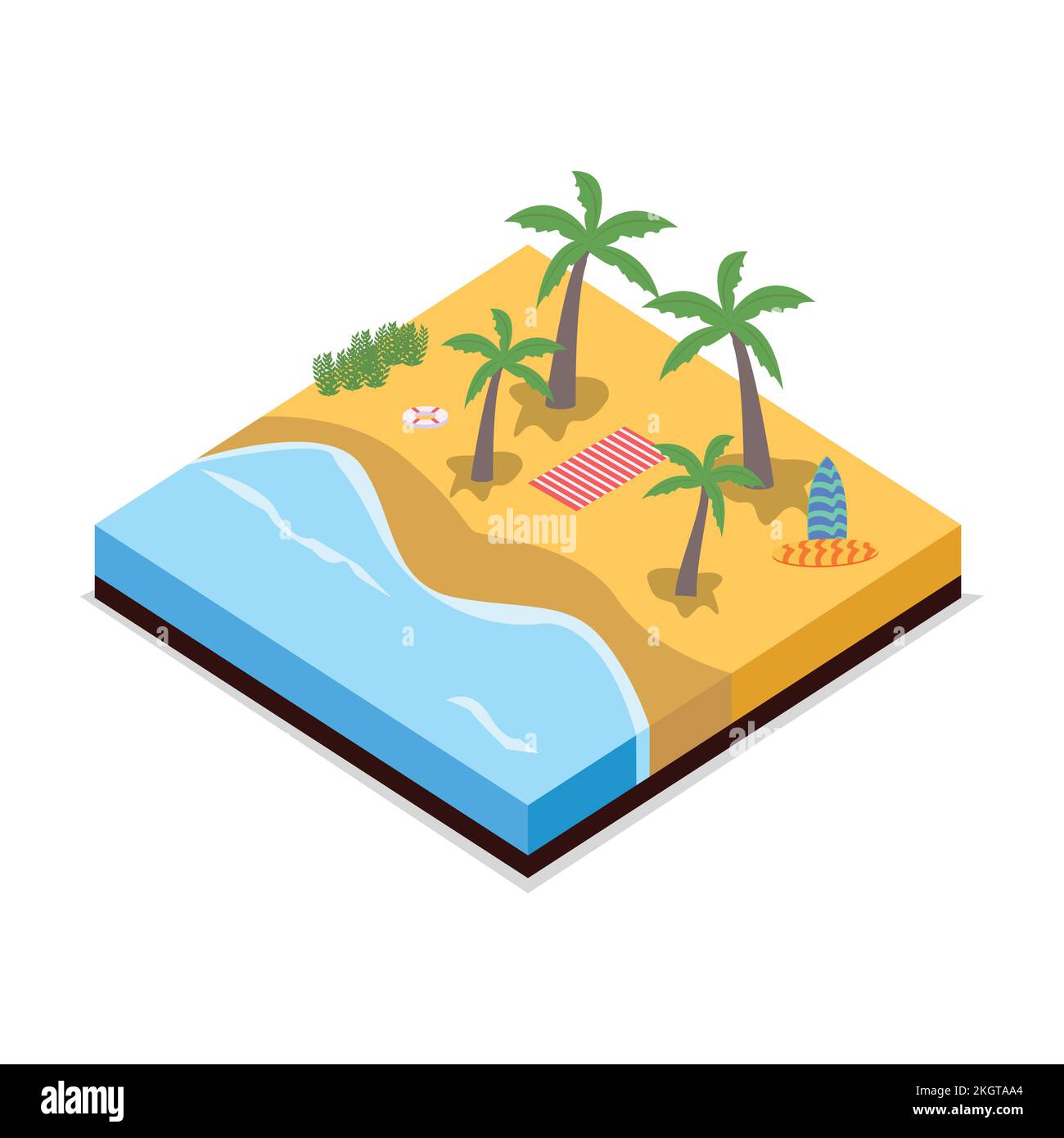3D Sandy beach landscape concept vector illustration. Sandy beach vector with surfboard concept and coconut tree. Seashore 2.5D art with lifebuoy and Stock Vector
