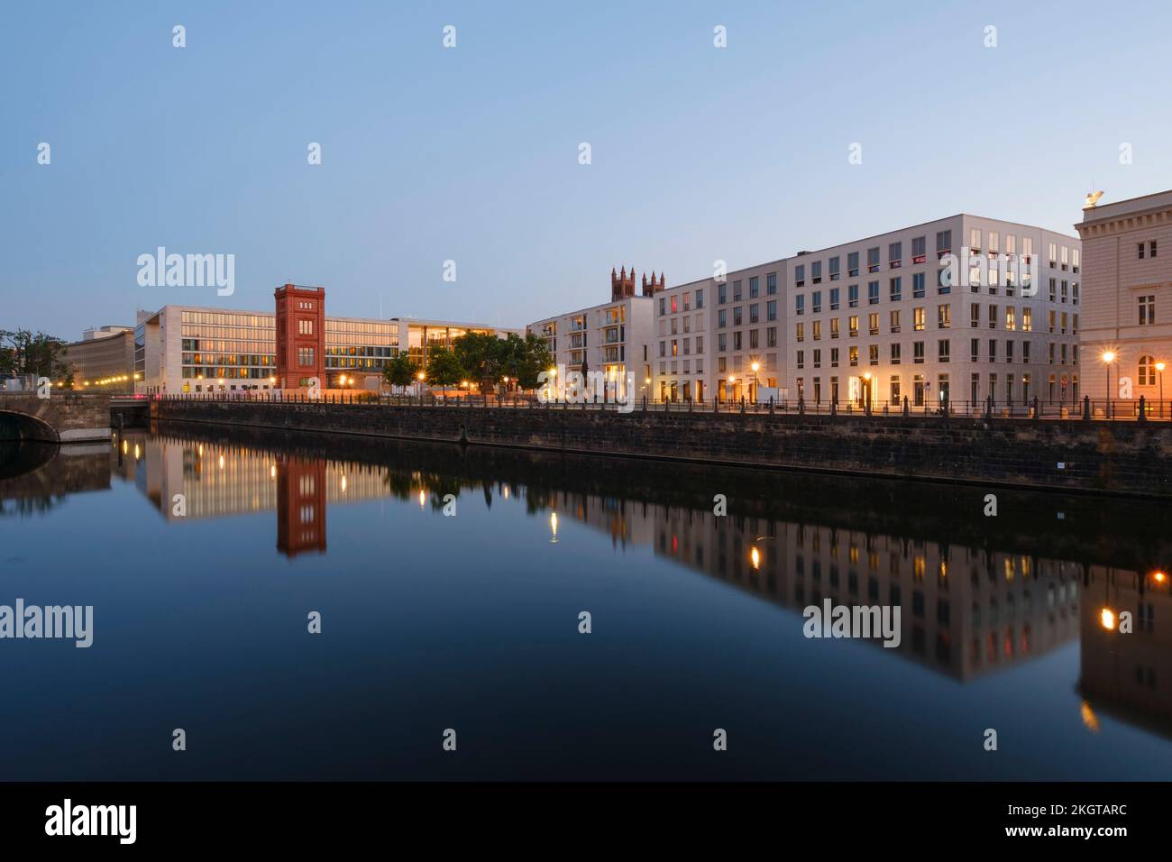 Germany, Berlin, Spree river flowing through Mitte district at dusk Stock Photo