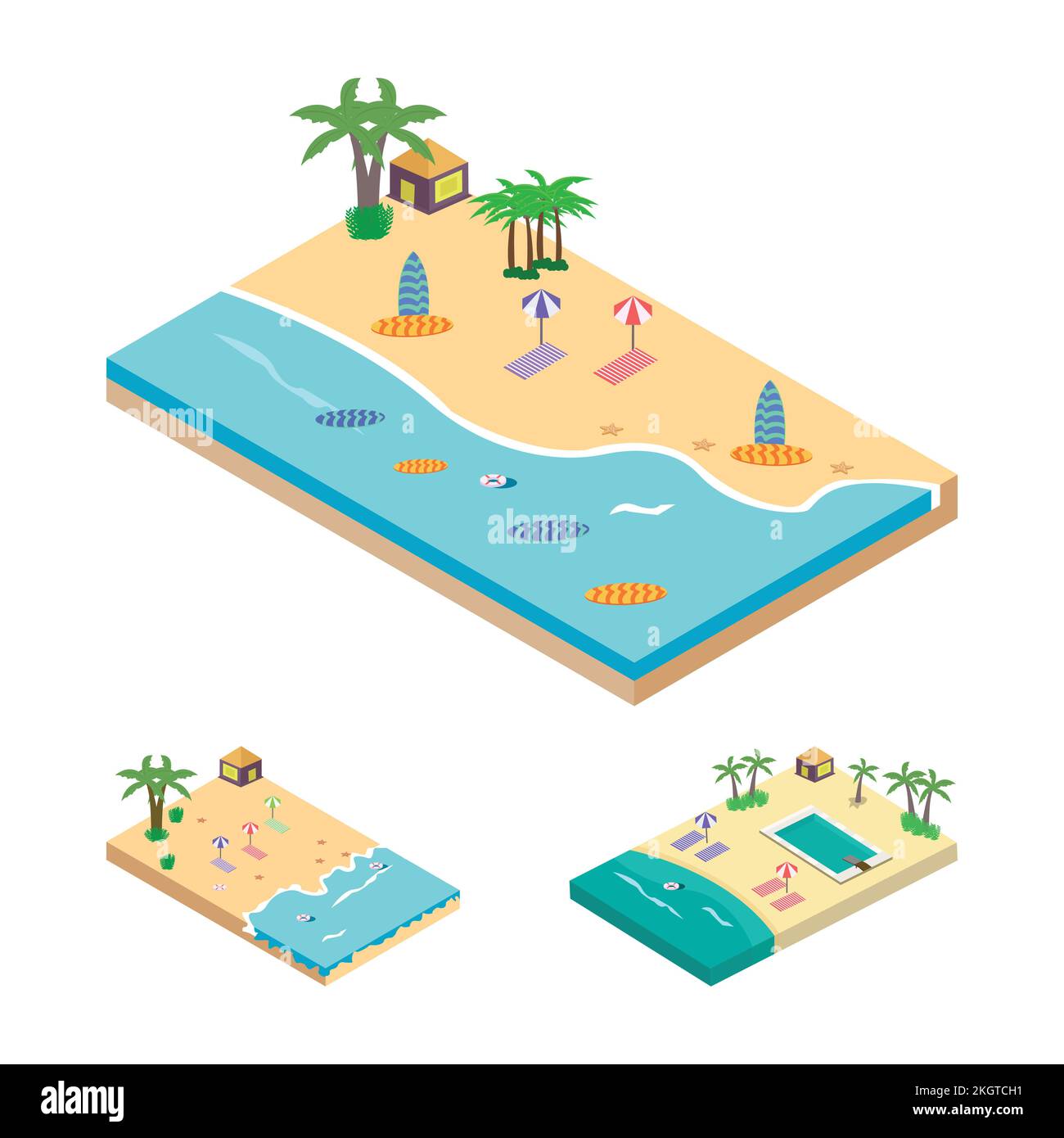 2.5D Sandy beach landscape concept vector illustration collection. Sandy beach vector with swimming pool concept and coconut tree. Seashore 2.5D art w Stock Vector