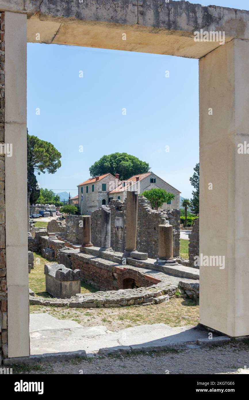 Early Christian Basilica and Museum through gate, Ancient city of Salona, Solin, Split-Dalmatia County, Croatia Stock Photo