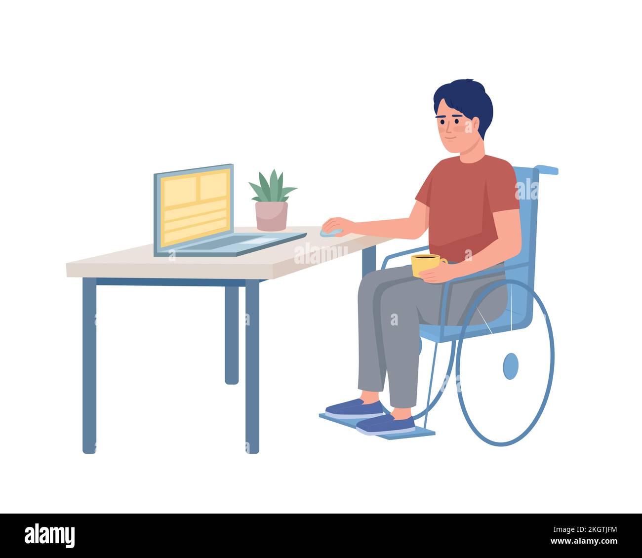Disabled guy working on laptop semi flat color vector character Stock Vector