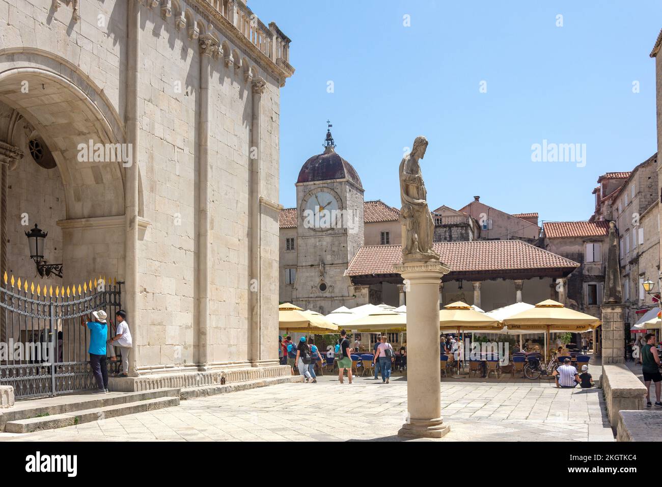 Church of St Sebastian clock tower from Trogir Cathedral, Kula Sv Marka, Old Town, Trogir, Split-Dalmatia County, Croatia Stock Photo