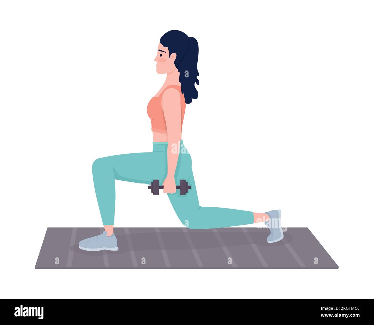 Dynamic Lnges Sportswoman showing dynamic lunges semi flat color vector character ...