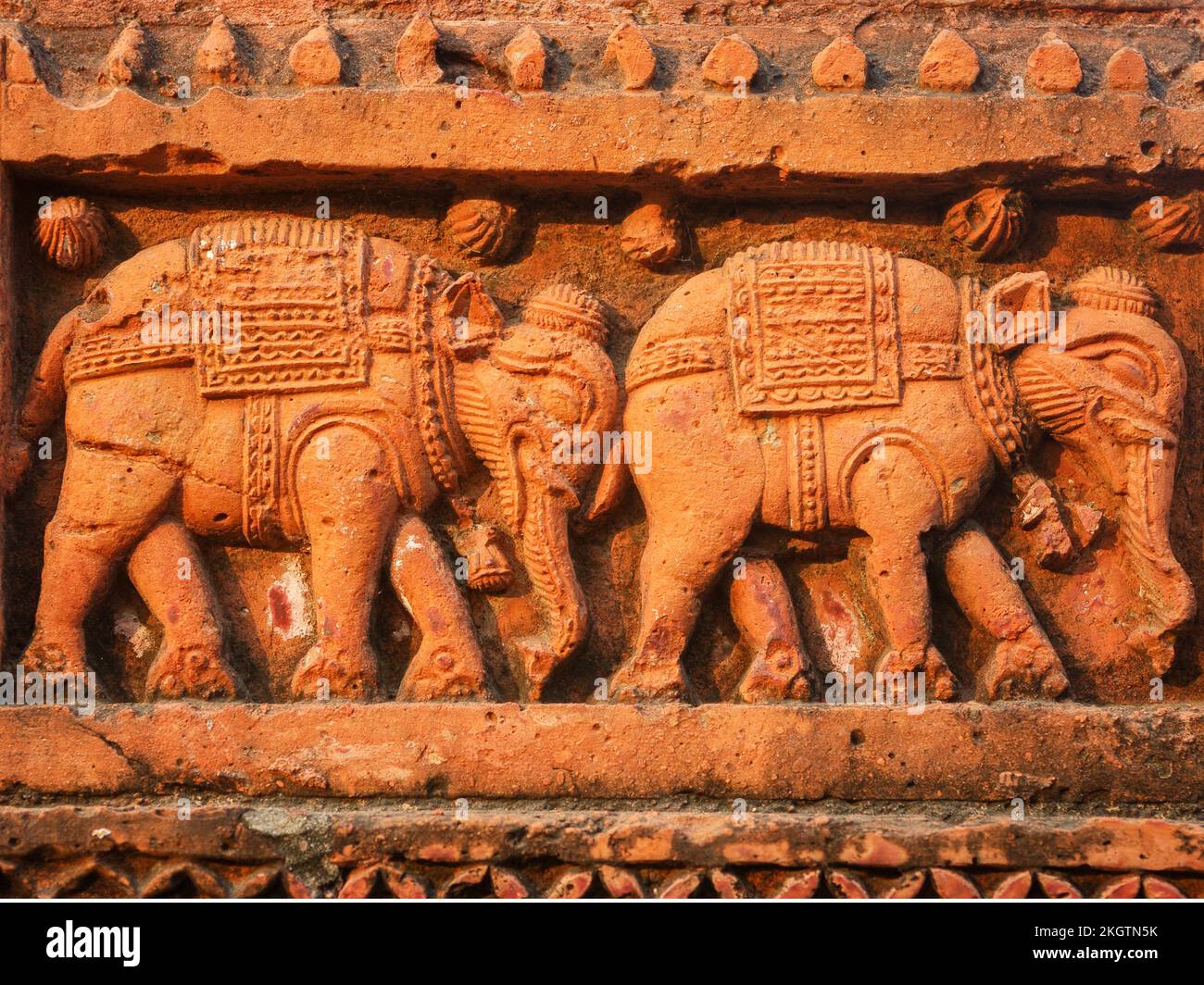Closeup detail of elephants terracotta carving on beautiful ancient Govinda temple in Puthia, Rajshahi district, Bangladesh Stock Photo