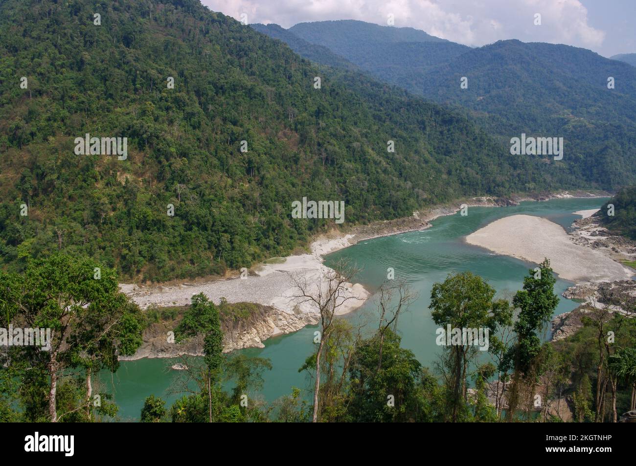 Scenic landscape view of the Siang or Siyom river valley, in the forested mountains of Arunachal