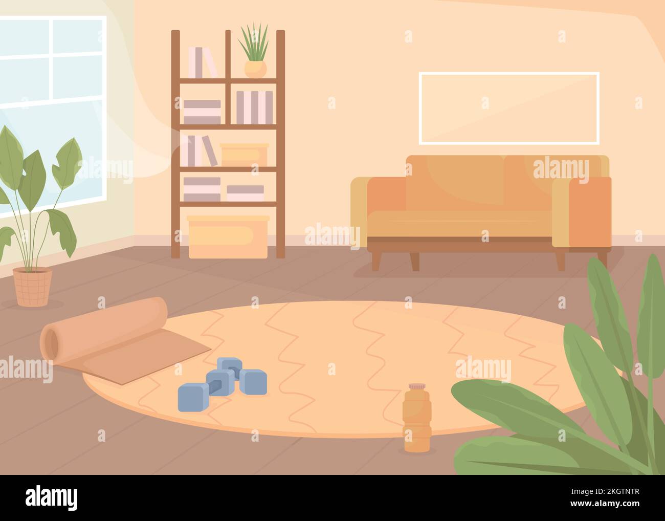 Sports equipment in living room flat color vector illustration Stock Vector